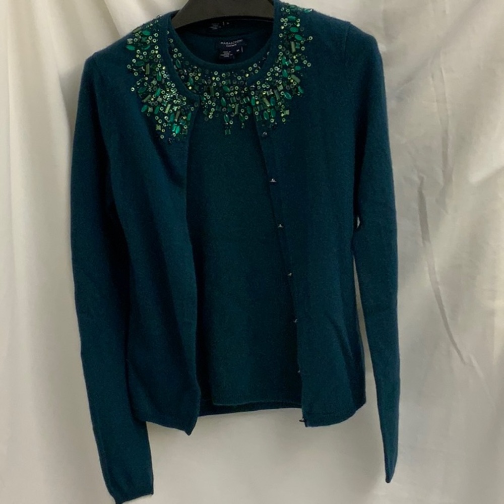 100% Cashmere Cardigan and Matching Tee with Jeweled Necklines in Pine Green S-M